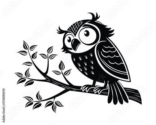 A charming, stylized black and white illustration of an owl with large eyes sitting on a leafy branch