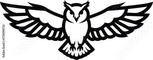 Bold black and white geometric illustration of an owl in flight with wings spread, a powerful monochrome vector logo representing wisdom, knowledge, and nocturnal animals.