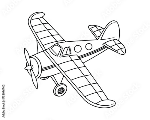 A charming black and white line drawing of a vintage-style airplane, perfect for children's crafts or coloring pages