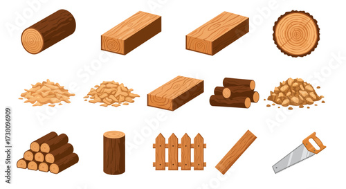 Collection of woodrelated objects logs planks sawdust fence and saw