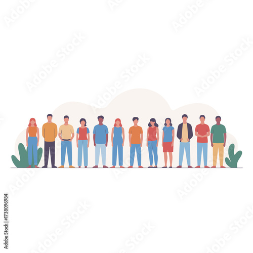 Diverse group of people standing together united in a line illustration concept