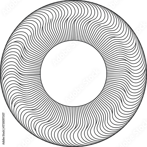 Vector circular abstract wave engraving ornament inspired by optical vortex line art, intricate decorative frame design