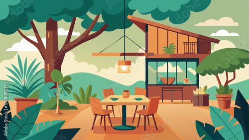 An openconcept dining room and living room with a large treehouselike structure in the corner housing numerous tropical plants.
