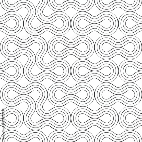 Seamless pattern with twisted lines, vector linear tiling background, stripy weaving, optical maze, twisted stripes. Black and white design.