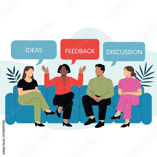 Diverse team sitting together sharing ideas feedback and engaging in discussion at work