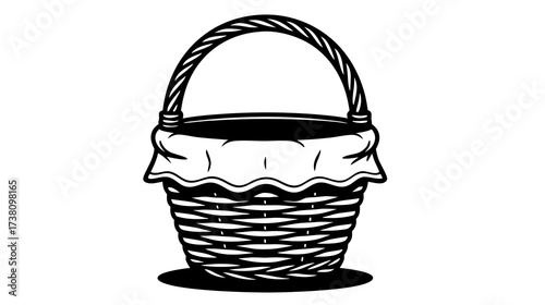 Woven basket with cloth lining on a white background  