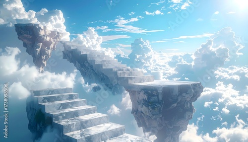 Surreal floating staircases in the sky, whimsical dream