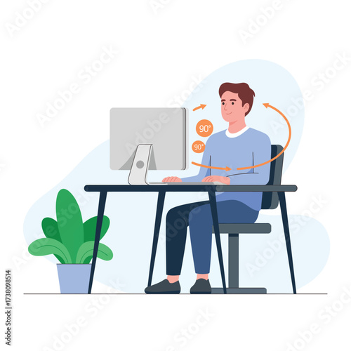 Ergonomic workstation setup with proper posture for healthy work from home illustration