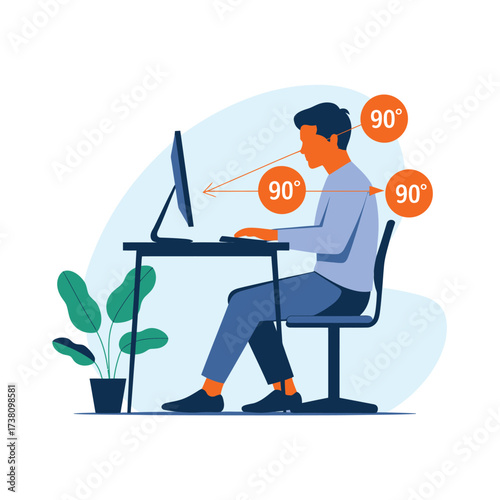 Ergonomics Illustration Showing Correct Posture at Desk with 90 Degree Angles