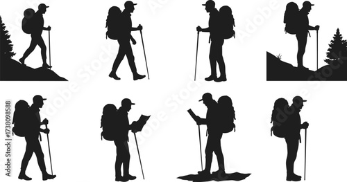 Hiking trekking backpacker silhouettes walking standing reading map outdoor adventure nature exploration wilderness travel camping forest vector illustration set