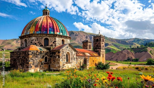 Ornate Church with Colorful Dome in Picturesque Mountainous Landscape on Sunny Day under Partly Cloudy Blue Sky