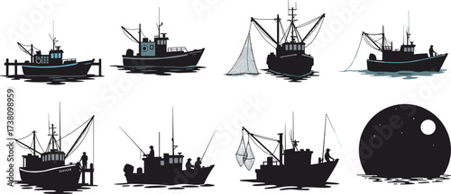 Fishing boats vector illustration set with silhouettes, nets, cranes, pier, sunset, maritime vessels, nautical design, ocean fishing scenes