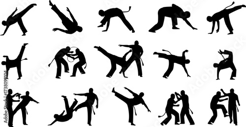 Capoeira silhouettes, Capoeira training silhouette, Capoeira, Brazil capoeira fighting silhouette