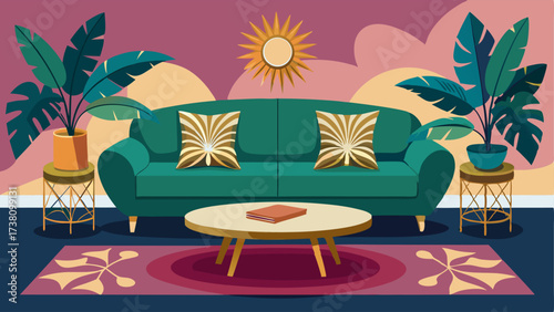 A gl sitting area featuring a velvet sofa a brass coffee table and a vibrant tropical print rug.