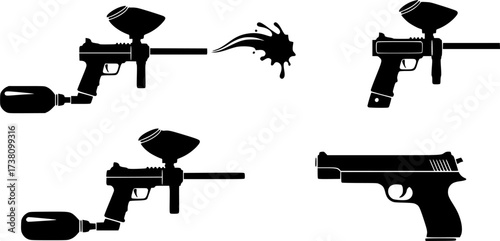 Curling Paintball gun silhouettes, Paintball pistol silhouette, Paintball gun, Paintball gun clipart, Pistol silhouette, Paintball gun vector illustration