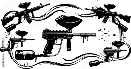 Curling Paintball gun silhouettes, Paintball pistol silhouette, Paintball gun, Paintball gun clipart, Pistol silhouette, Paintball gun vector illustration