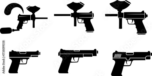 Curling Paintball gun silhouettes, Paintball pistol silhouette, Paintball gun, Paintball gun clipart, Pistol silhouette, Paintball gun vector illustration