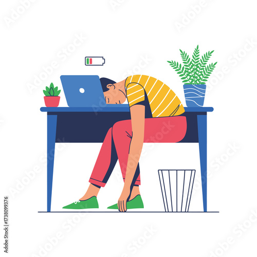 Exhausted man slumped at desk with low battery icon illustration