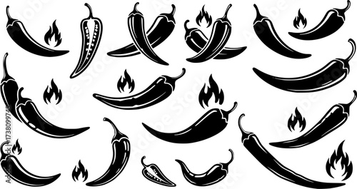 hili pepper silhouettes, Chili vector illustration, Chili pepper, Chili pepper clipart, Chili pepper logo, Hot chili pepper silhouettes, Chili, Half chili, Chili silhouette bundle.