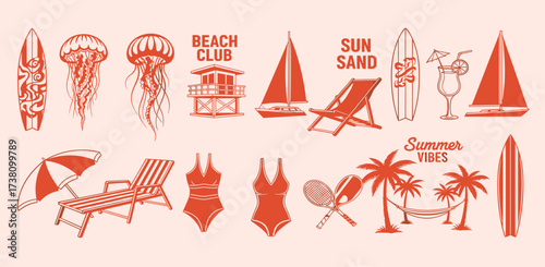 Summer Beach Icons Surfboards, Jellyfish, Lifeguard Hut, Sailing, Cocktails, Loungers, Swimsuits, Palms, and More!