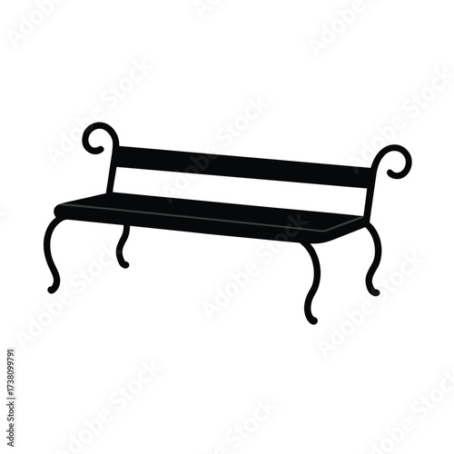 Minimalist black silhouette of a park bench on a clean white background