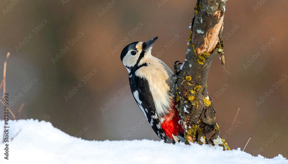 Obraz premium Woodpecker perched on snowy branch