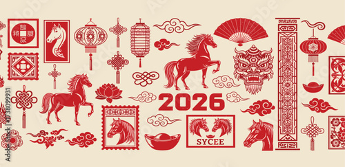 Chinese New Year 2026 festive pattern with traditional cultural symbols spirited horses, lanterns, lucky sycee, ancient coins, and decorative motifs for elegant holiday themes
