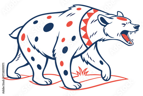 Cartoon Hyena Walking with Decorative Spots and Triangle Markings on White