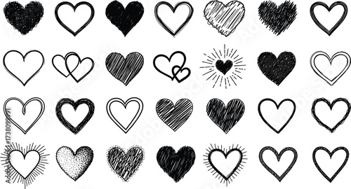 Collection of Diverse Hand-Drawn Heart Shapes for Design and Decoration
