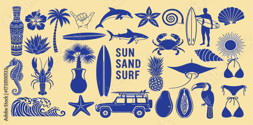 Summer Beach Vacation Icons Sun, Sand, Surf, and Sea Creatures