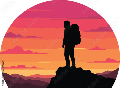 Silhouette of a Hiker on a Cliff at Sunset with Beautiful Sky