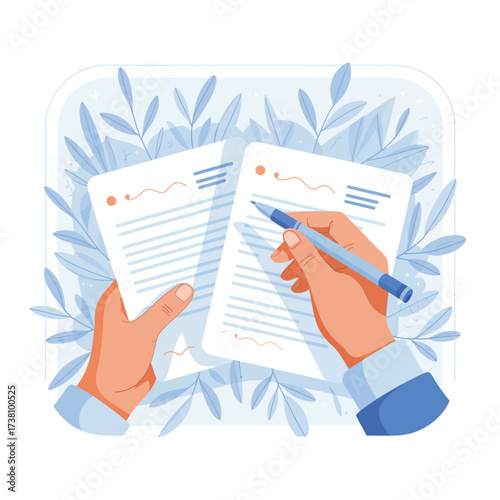 Hands writing on paper documents amidst foliage an illustration for blog or presentation