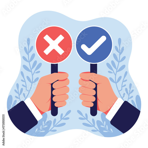 Right and Wrong Choices Hands Holding Check Mark and Cross Symbols Illustration