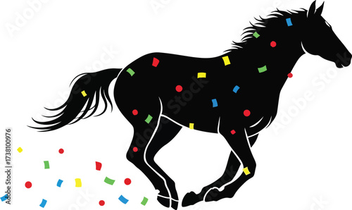 Silhouettes of a fast-running black horse celebrating a victory, decorated with colorful confetti pieces, festive party concept for success and achievement.