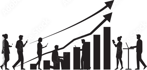 Dynamic team collaboration drives business growth and market success, with professionals analyzing data and strategizing for an upward trajectory and achieving corporate goals