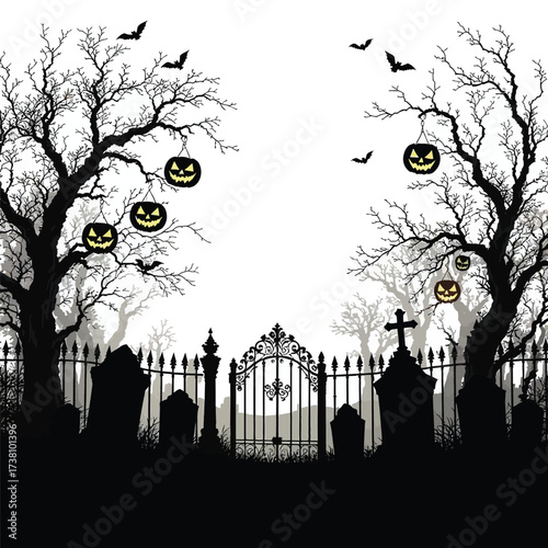 halloween background with cemetery and tree