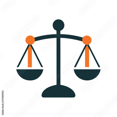 Dark Teal and Orange Scales of Justice Icon on White Background Keywords: scales of justice, law, legal, balance, equilibrium, fairness, justice