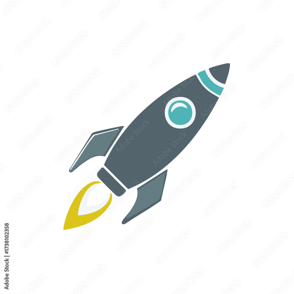 Fototapeta premium Graphic illustration of a sleek grey rocket ship with aqua accents soaring upwards with fiery orange and yellow exhaust
