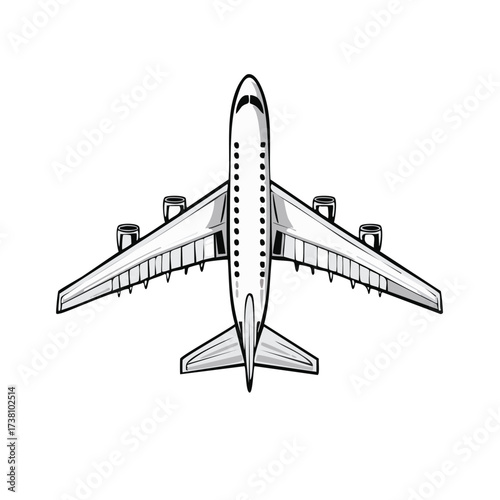 Stylized passenger jet airplane illustration from a top-down aerial view