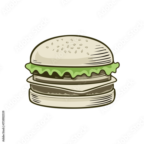 Classic double hamburger with cheese and lettuce in a vintage hand drawn style