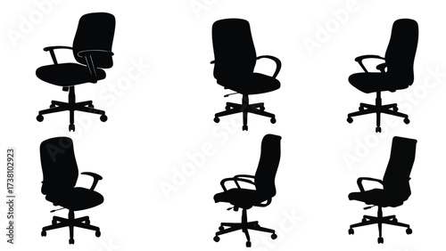 angled 3d black and white silhouette vector illustration of an ergonomic office chair with wheels and adjustable backrest, modern business seating