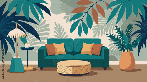 A living room with a statement wallpaper featuring palm leaves a mix of colorful throw pillows and a rattan pouf.