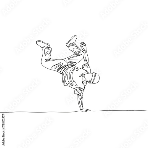 Breakdancer performing one-handed handstand in continuous line art