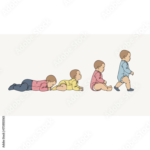 Baby's development stages: crawling, sitting, and walking on white background