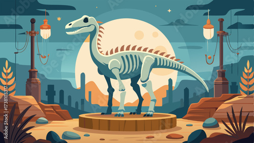 A giant dinosaur skeleton stood tall in the center of the room surrounded by smaller fossils and relics.