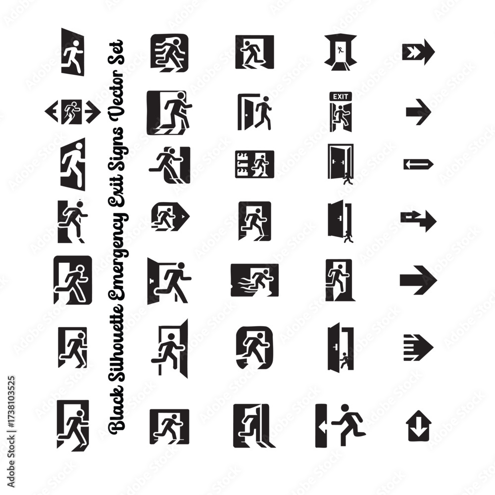 Fototapeta premium Minimal Emergency Exit Signs Silhouettes Vector | Bold Black Safety Icons for Evacuation Design