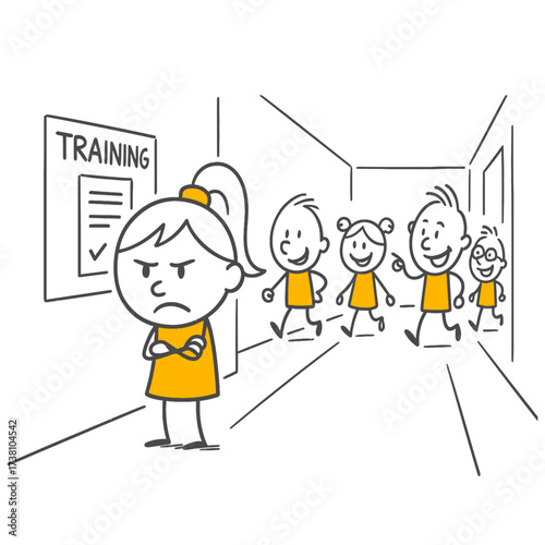Corporate Training Motivation A Group of Eager Employees Entering the Room Contrasting with an Individual Resisting Participation in Training.