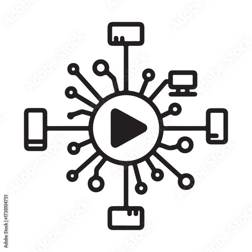 Digital Connectivity Concept with Central Play Button and Connected Device Icons