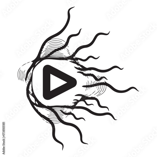 Abstract Play Button with Organic Tendrils Design Monochrome