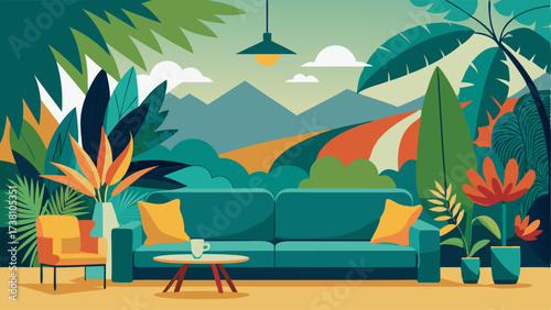 A living room with a statement wall featuring a large mural of a tropical landscape with lush greenery and colorful flowers.